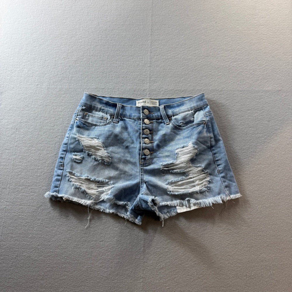 Mudd Denim Shorts Womens Size 9 Blue High Rise Distressed Button Fly Shortie